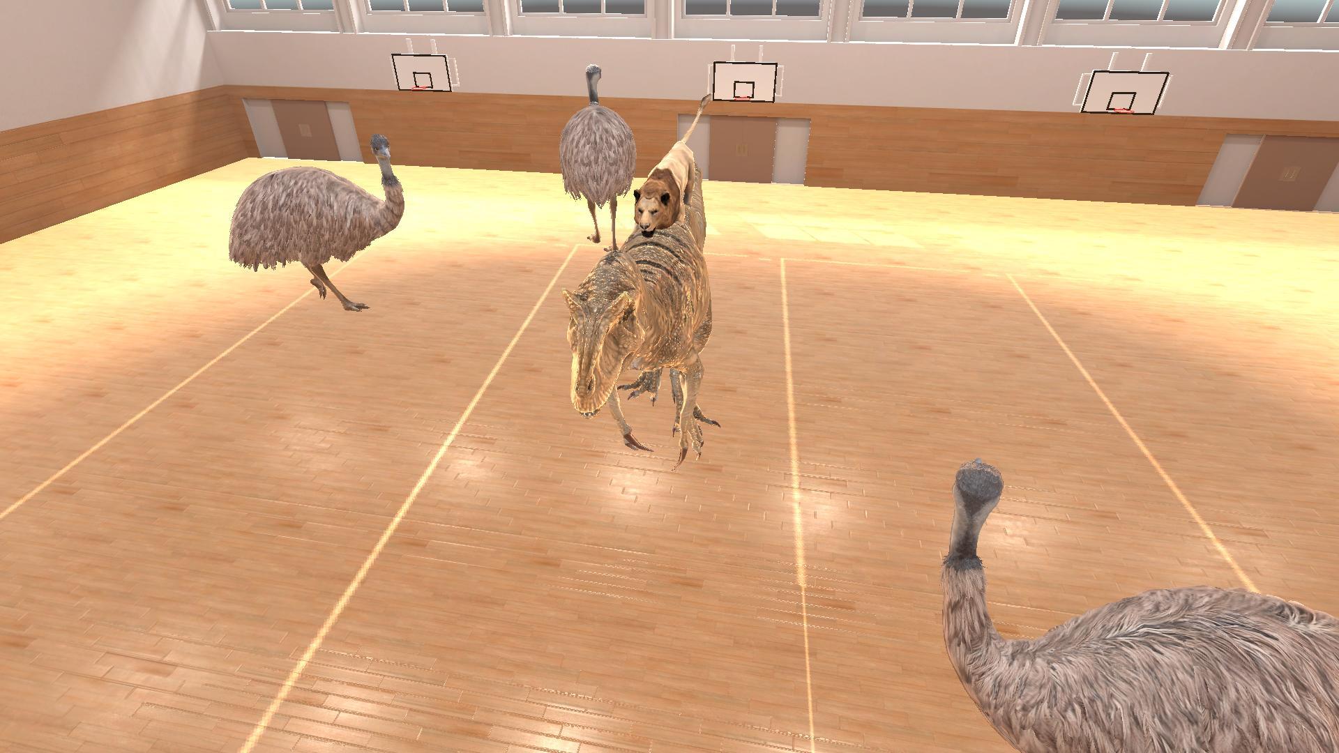 3 Emus the allosaurus and the lion surrounded by 3 emus